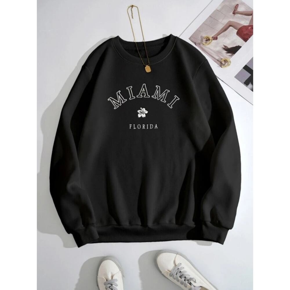 SHEIN Womens EZWear Black Miami Florida Thermal Line Sweatshirt Sz Medium NEW